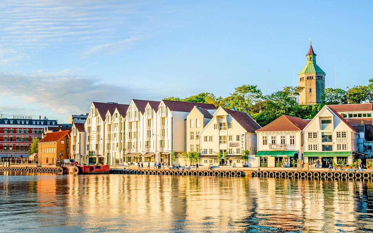 Valberg Tower and waterfront buildings viewed from a cruise in Stavanger, Norway.