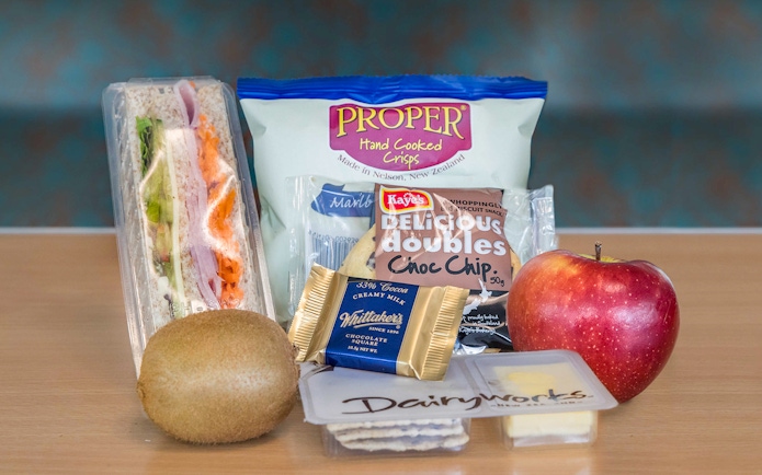 Lunch pack with sandwich, chips, apple, kiwi, and chocolate for Milford Cruise tour.