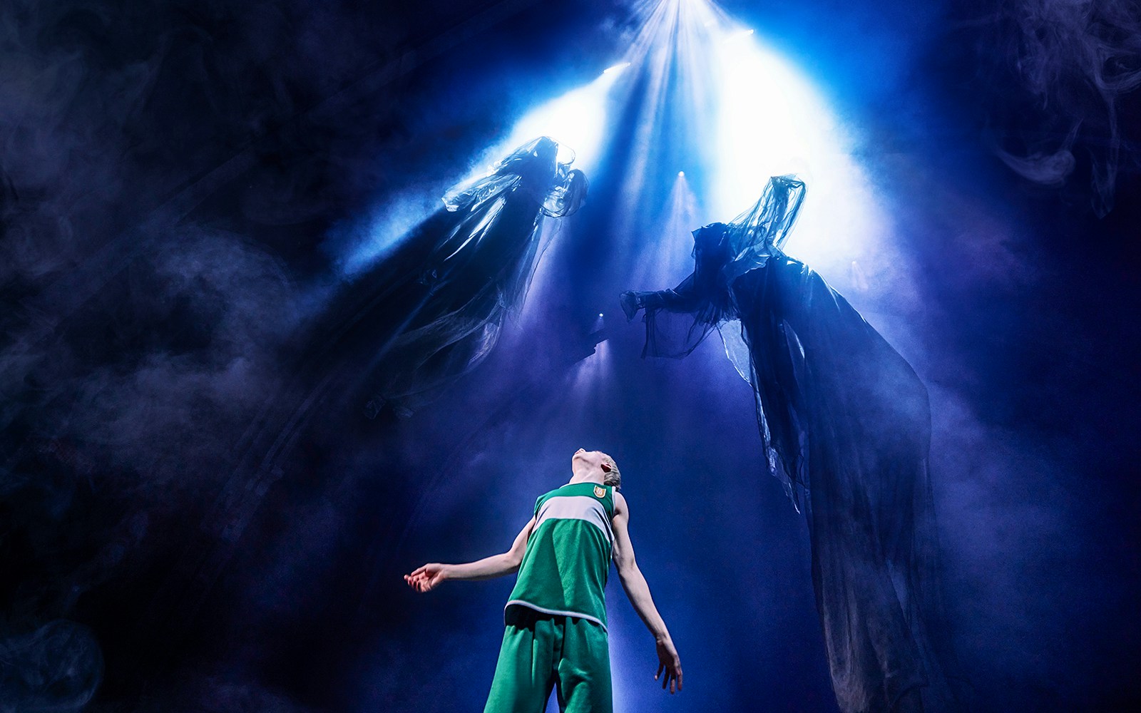 Stage scene from "Harry Potter and the Cursed Child" with dramatic lighting and figures.