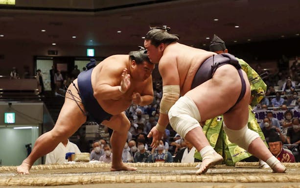 Sumo wrestlers competing at the Tokyo Grand Sumo Tournament, September 2024.