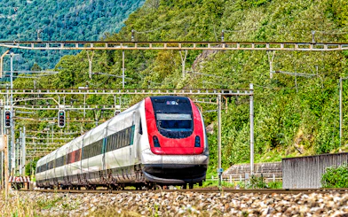 Train traveling through lush landscape, Geneva Airport to Geneva Train Station.