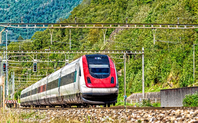 Train traveling through lush landscape, Geneva Airport to Geneva Train Station.