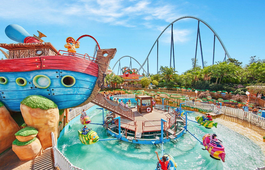 PortAventura Park entrance with festive New Year's Eve decorations in Barcelona, Spain.