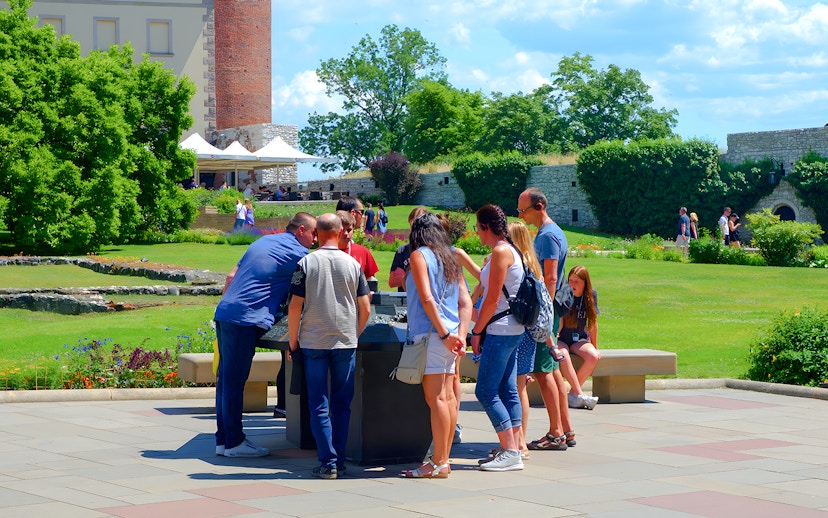 Visitors gather around a guide at Wawel Cathedral, Krakow, during a tour.