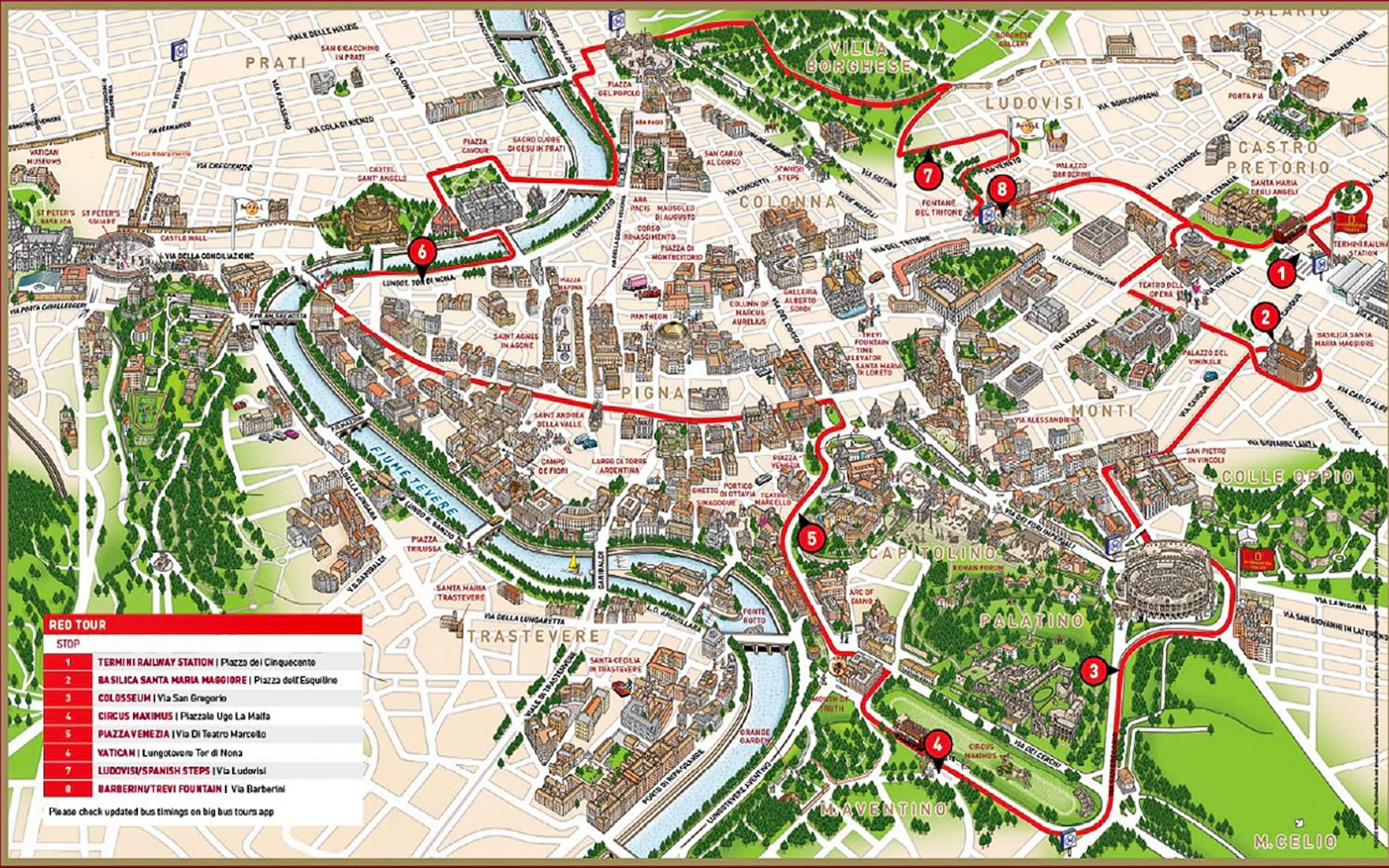 Big Bus Rome tour map highlighting stops at Termini, Colosseum, Vatican, and Trevi Fountain.