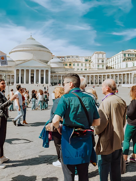 Group tour in Naples at Piazza del Plebiscito, near Castel Sant'Elmo and Certosa di San Martino.