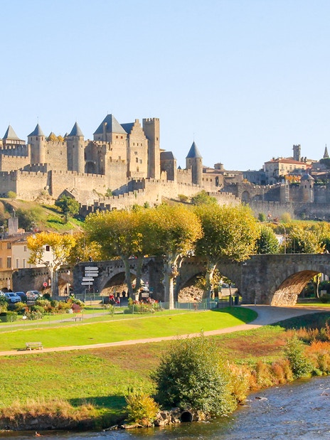 Carcassonne town view with medieval castle and stone bridge in the background.