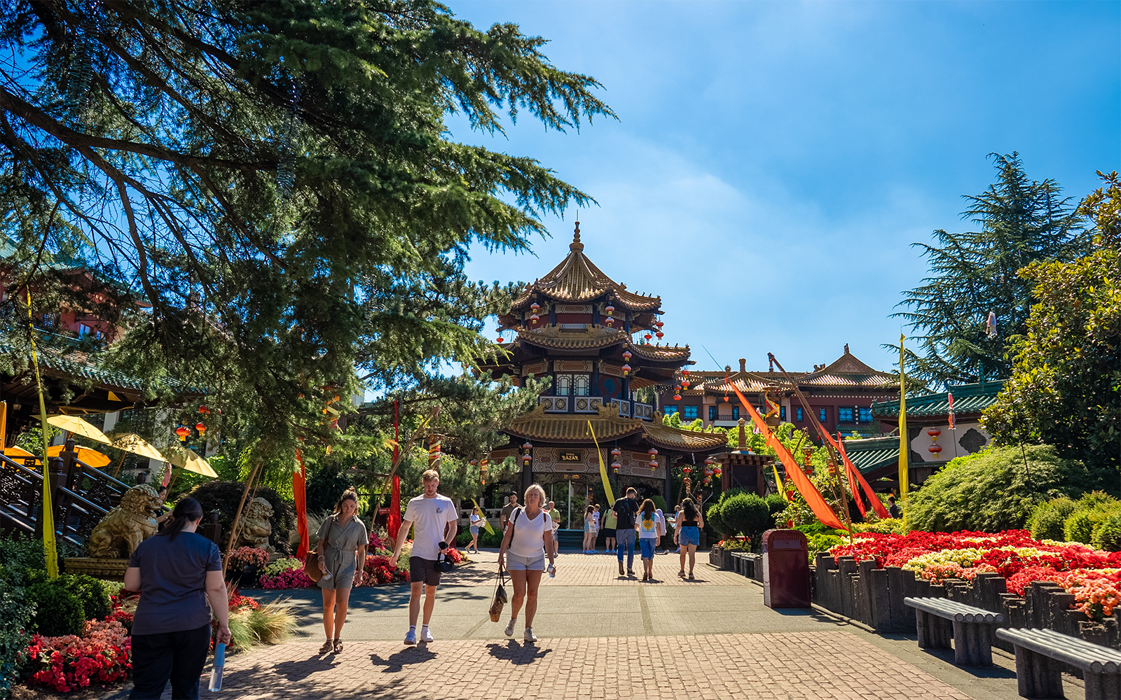 China Pagode in Phantasialand's China Town with traditional architecture and vibrant red lanterns.