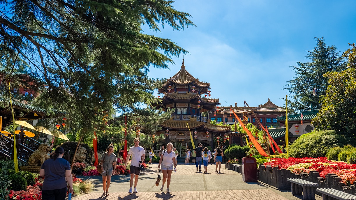 China Pagode in Phantasialand's China Town with traditional architecture and vibrant red lanterns.