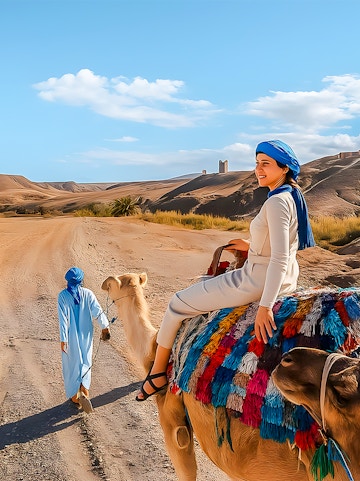 Woman riding camel in Agafay Desert, Marrakech with guide leading.