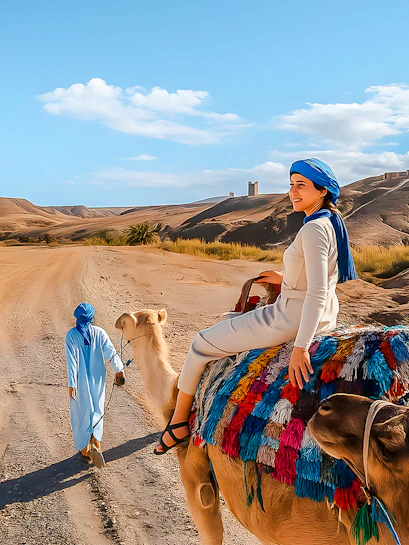 Woman riding camel in Agafay Desert, Marrakech with guide leading.