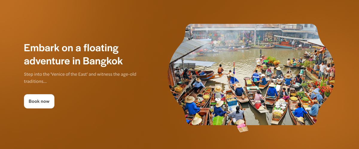 Floating market boats with vendors selling goods in Bangkok, Thailand.