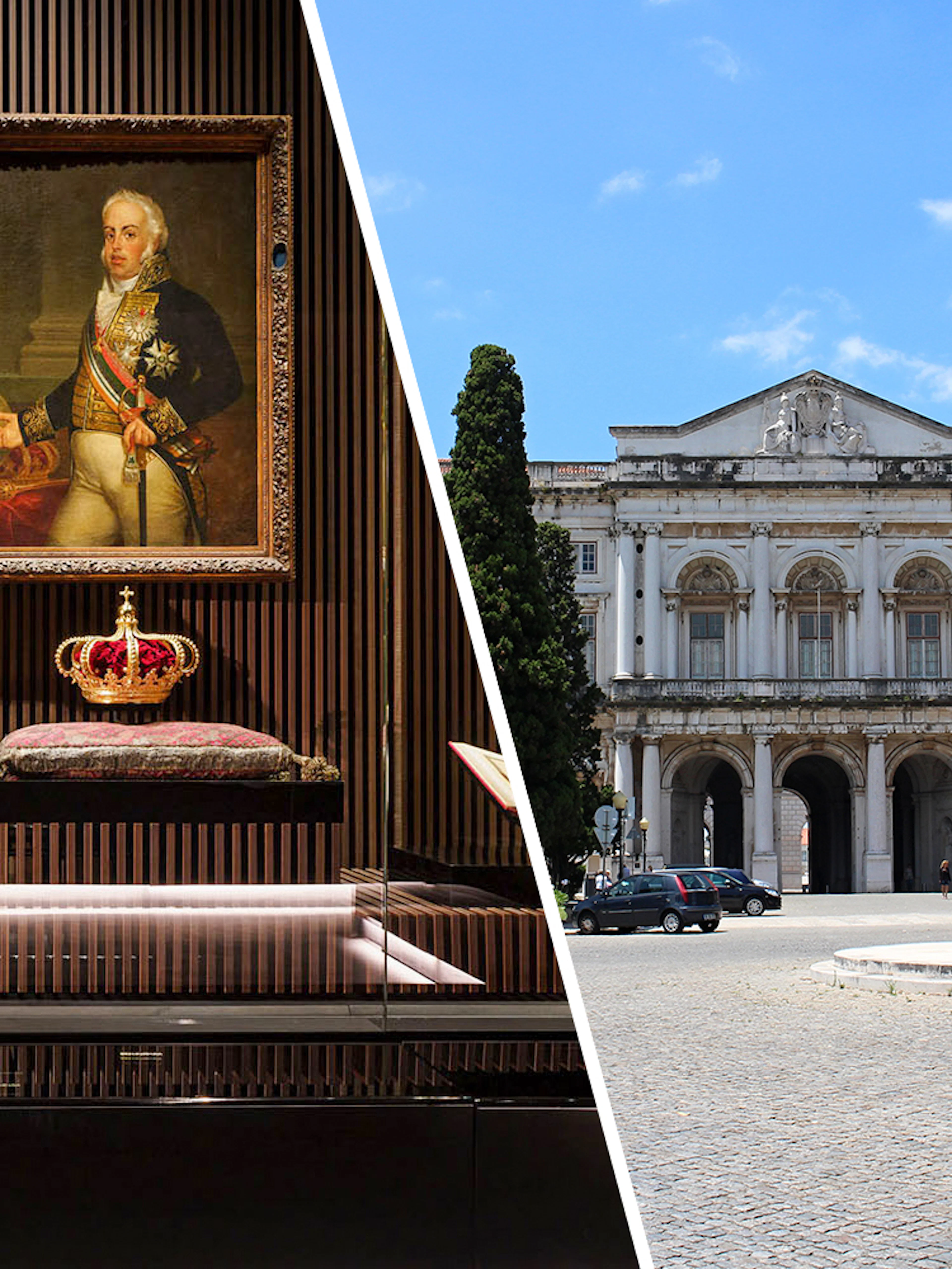 Royal treasures display and exterior of National Palace of Ajuda, Lisbon.