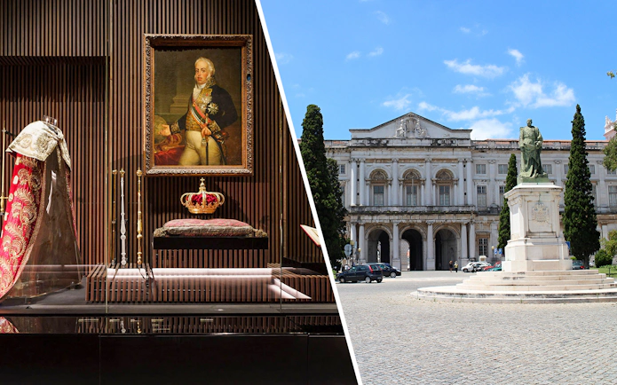 Royal treasures display and exterior of National Palace of Ajuda, Lisbon.