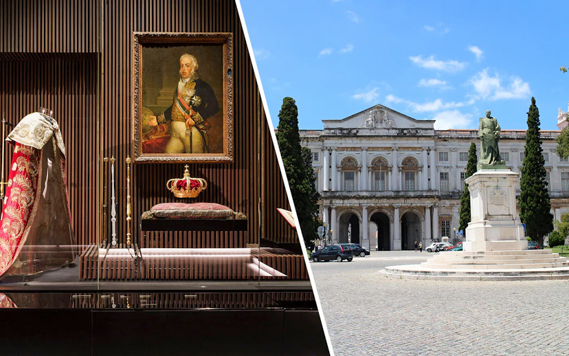 Royal treasures display and exterior of National Palace of Ajuda, Lisbon.