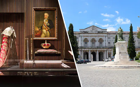 Royal treasures display and exterior of National Palace of Ajuda, Lisbon.