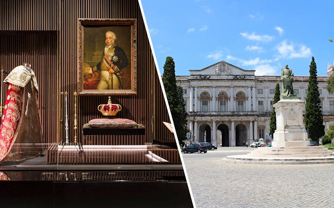 Royal treasures display and exterior of National Palace of Ajuda, Lisbon.