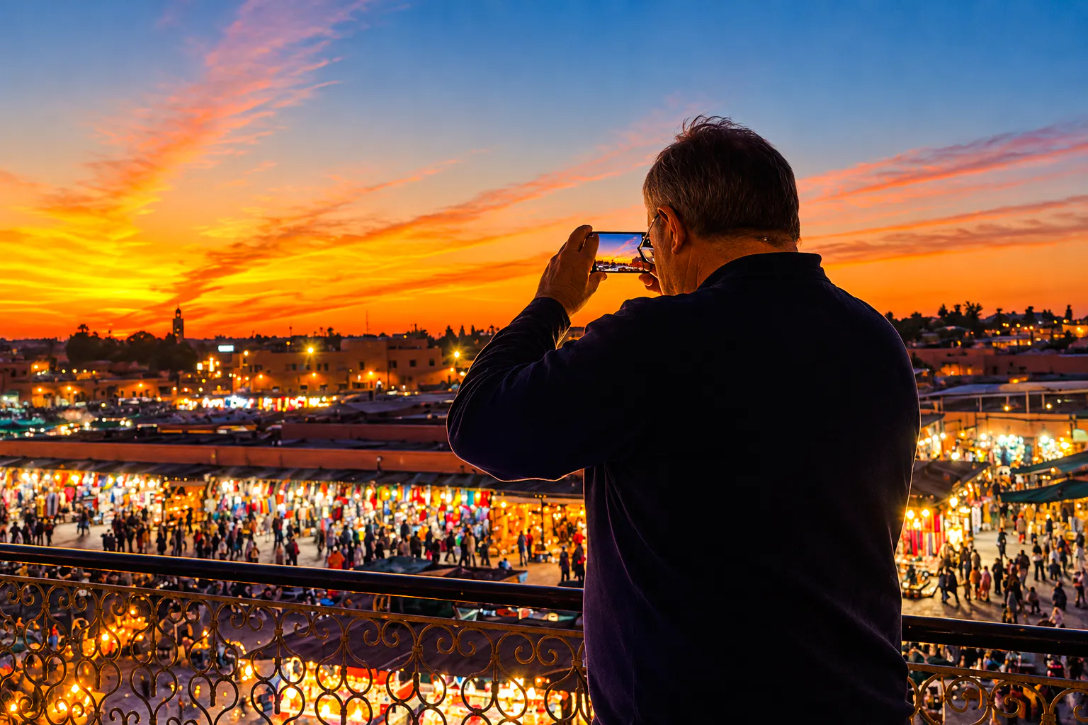 Marrakech rooftop view of Jemaa el-Fna at sunset with bustling market below.