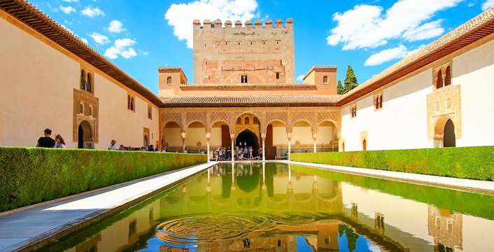 Patio of Arrayanes with reflecting pool, Nasrid Palace, Alhambra, Spain.