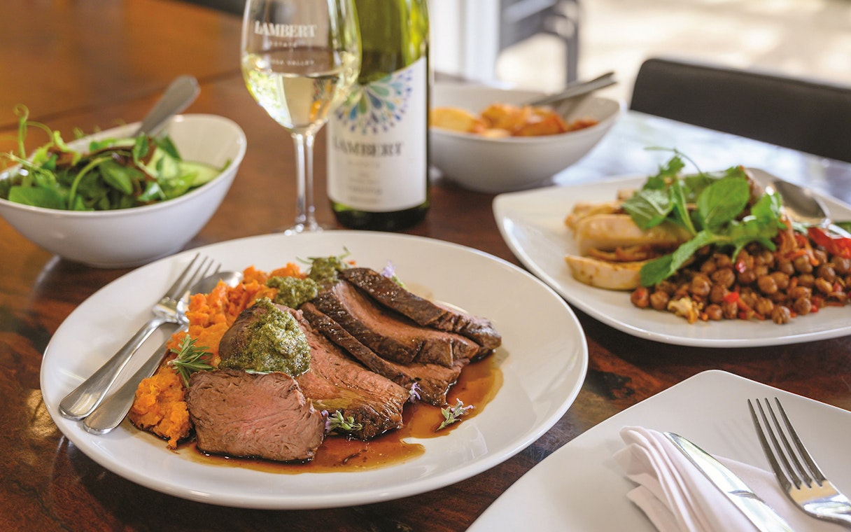 Roast beef with chimichurri and sweet potato mash at Barossa winery restaurant.