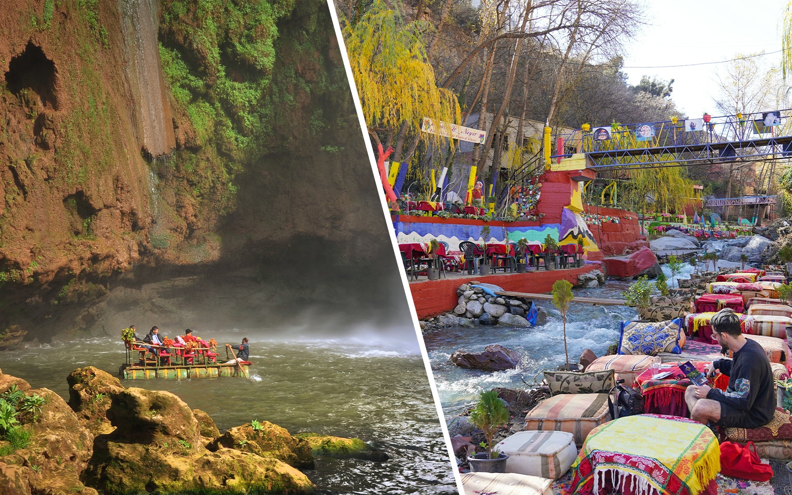 Boat tour under Ouzoud waterfall, Morocco with colorful riverside seating area.