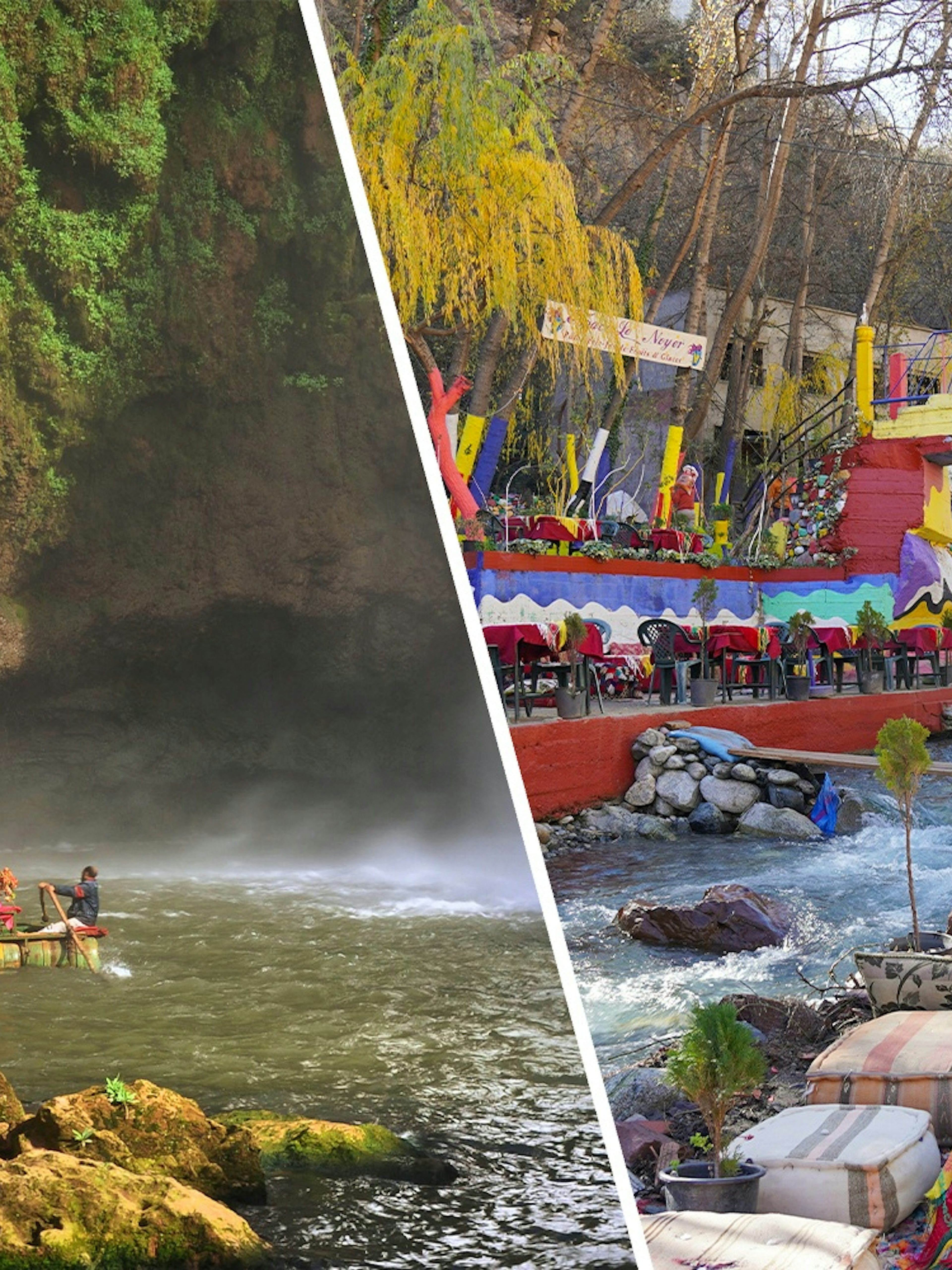 Boat tour under Ouzoud waterfall, Morocco with colorful riverside seating area.