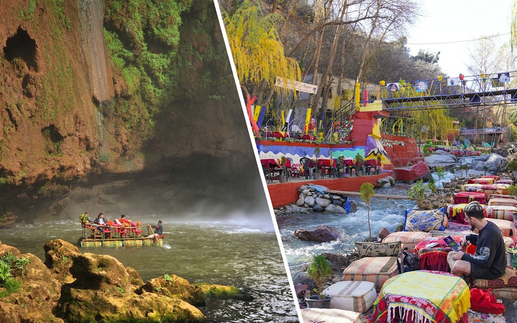 Boat tour under Ouzoud waterfall, Morocco with colorful riverside seating area.