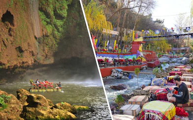 Boat tour under Ouzoud waterfall, Morocco with colorful riverside seating area.