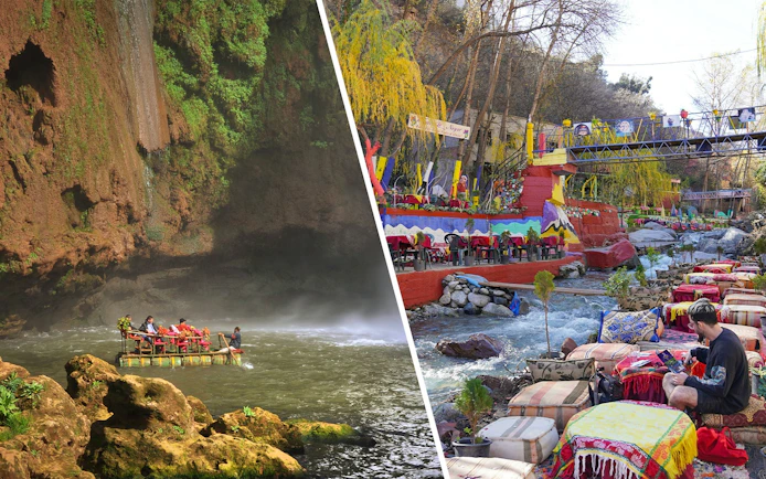 Boat tour under Ouzoud waterfall, Morocco with colorful riverside seating area.