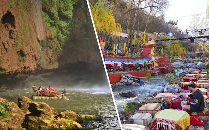 Boat tour under Ouzoud waterfall, Morocco with colorful riverside seating area.
