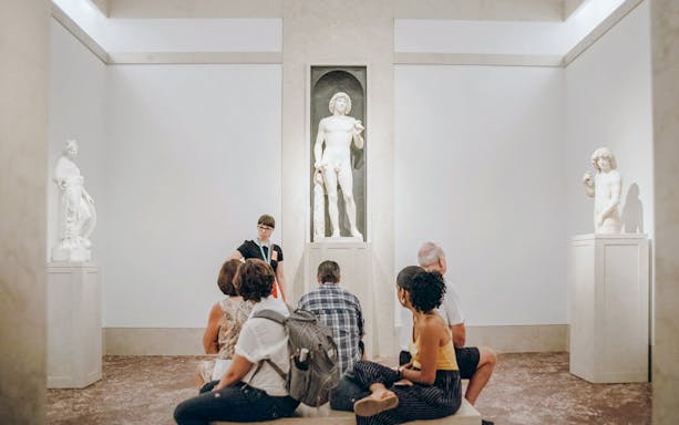 Tour group listening to guide near marble statue at Metropolitan Museum of Art.