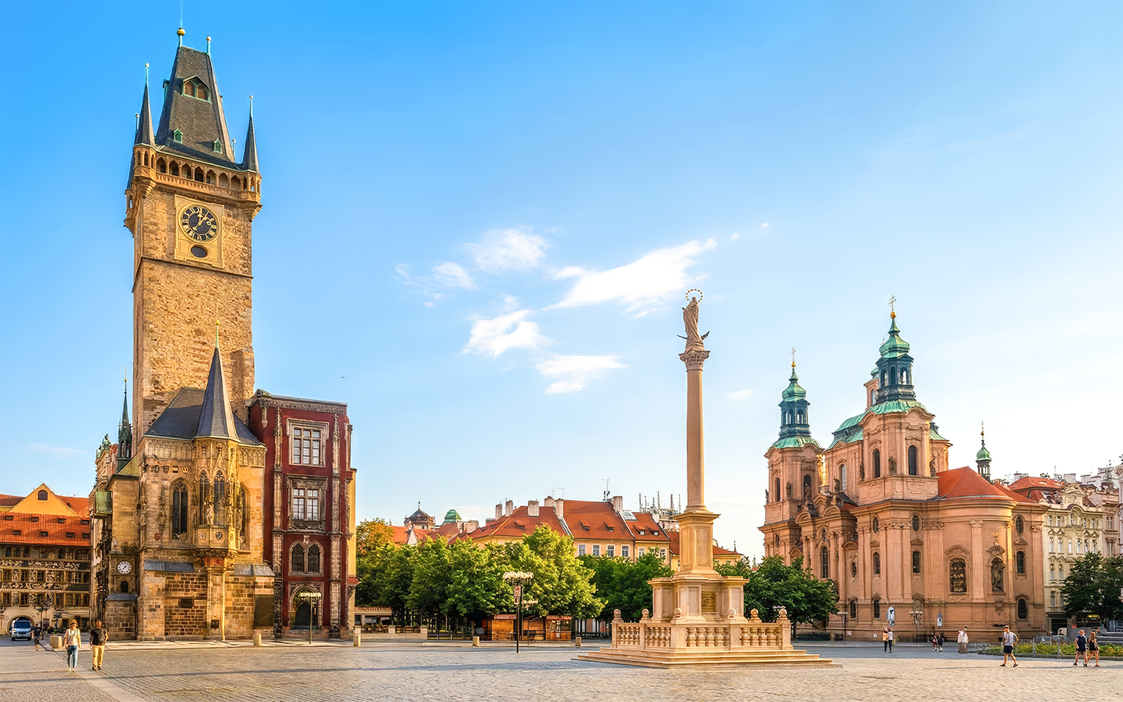 Old Town Square in Prague with historic buildings and the Marian Column.