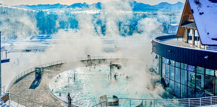 Aerial view of Zakopane Thermal Baths surrounded by lush greenery in Poland.