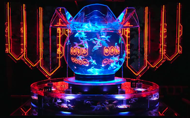 Illuminated fish bowl display at Art Aquarium Ginza with vibrant lighting.