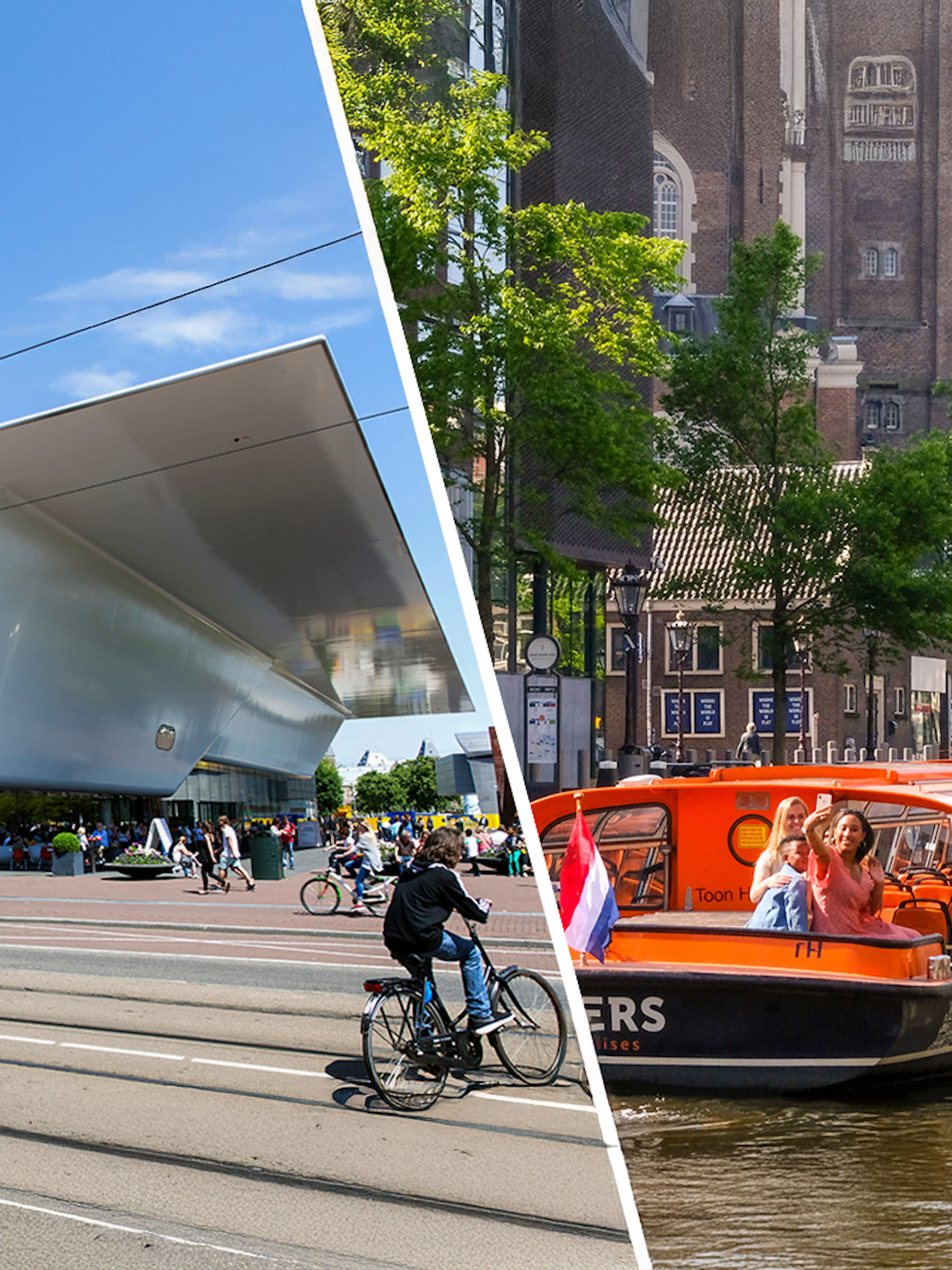Amsterdam canal tour boat passing historic buildings during sightseeing cruise.