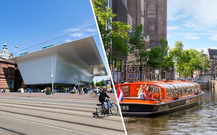 Amsterdam canal tour boat passing historic buildings during sightseeing cruise.