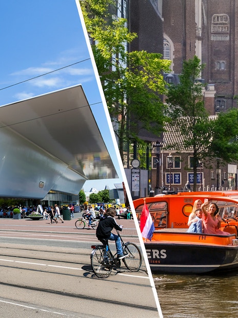 Amsterdam canal tour boat passing historic buildings during sightseeing cruise.