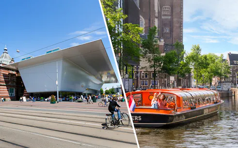 Amsterdam canal tour boat passing historic buildings during sightseeing cruise.