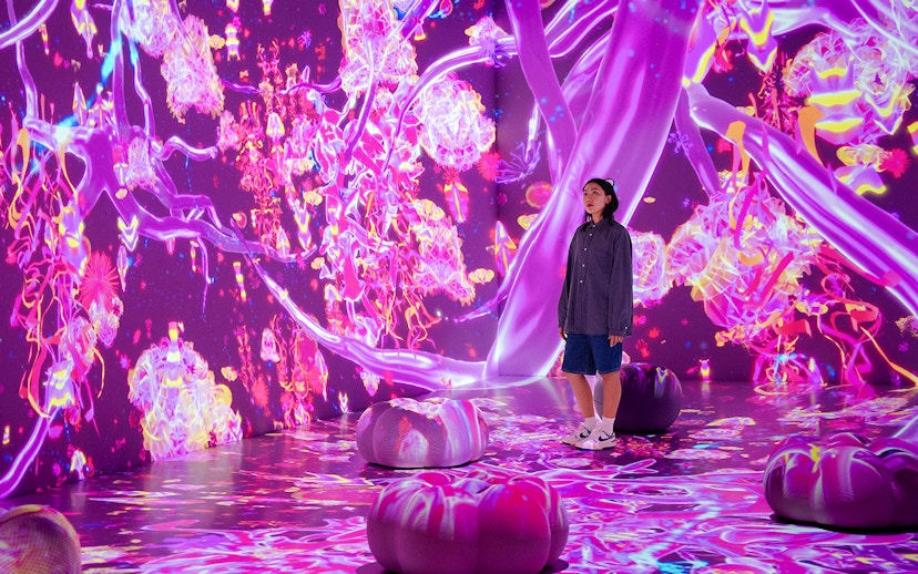 Tourist exploring vibrant digital art installation at House of Hype, Dubai.