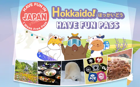 Hokkaido Have Fun Pass with cartoon animals, cable cars, flowers, local cuisine, and a polar bear.