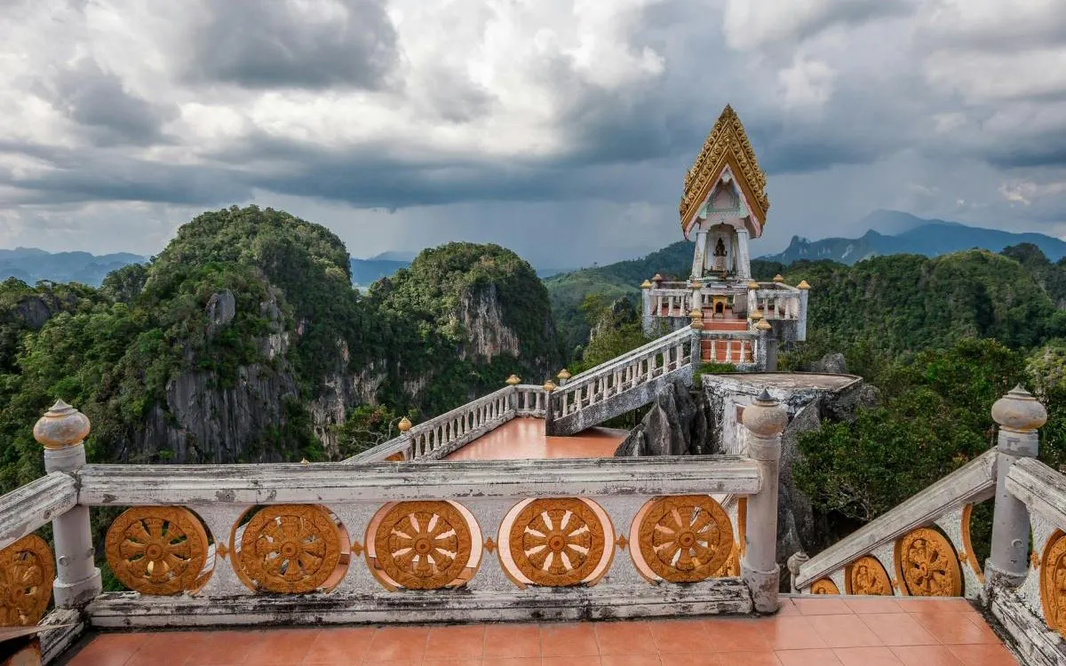 Tiger Cave Temple pagoda with mountain view in Krabi, Thailand.