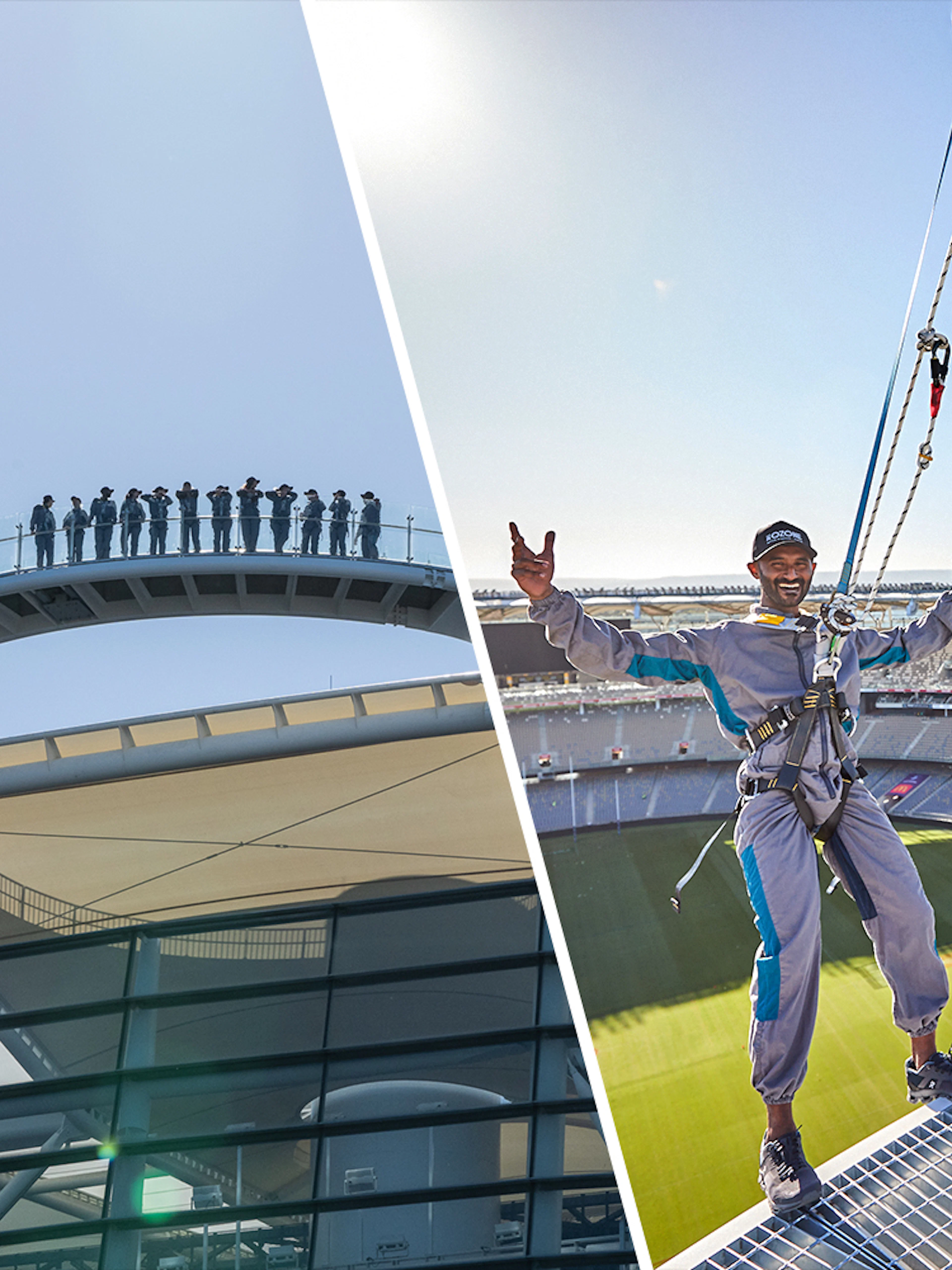 Visitors on the Halo Rooftop Tour at Optus Stadium, Perth, enjoying views and harnessed walk.