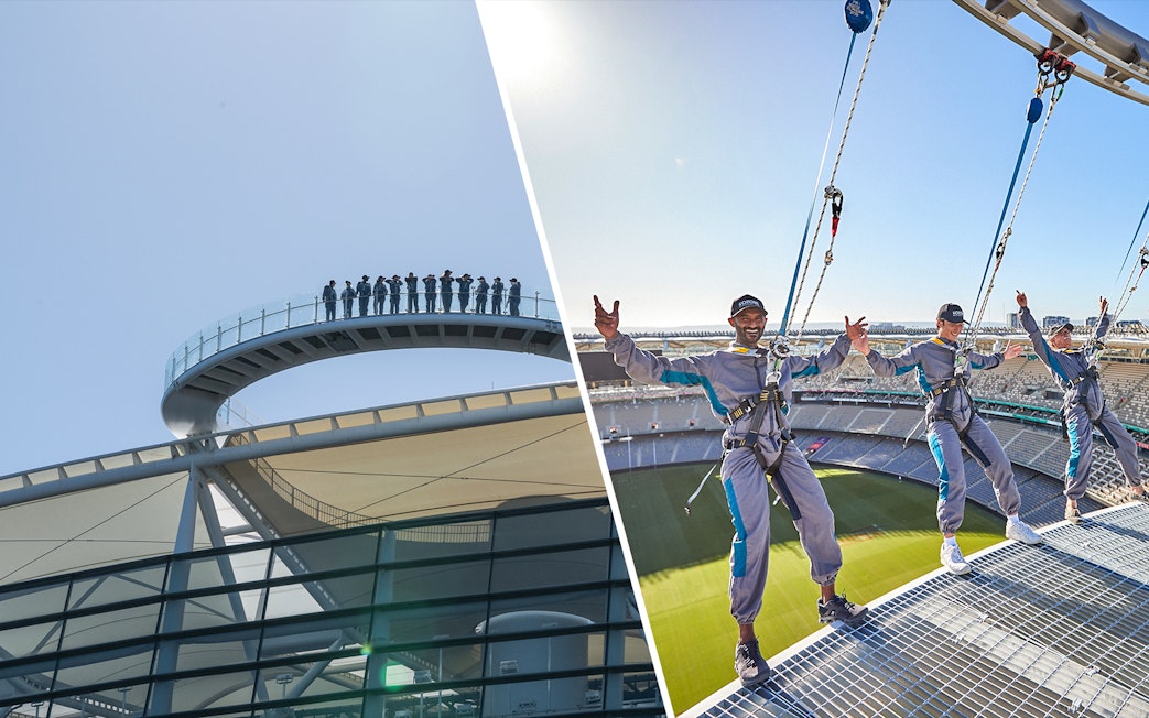 Visitors on the Halo Rooftop Tour at Optus Stadium, Perth, enjoying views and harnessed walk.