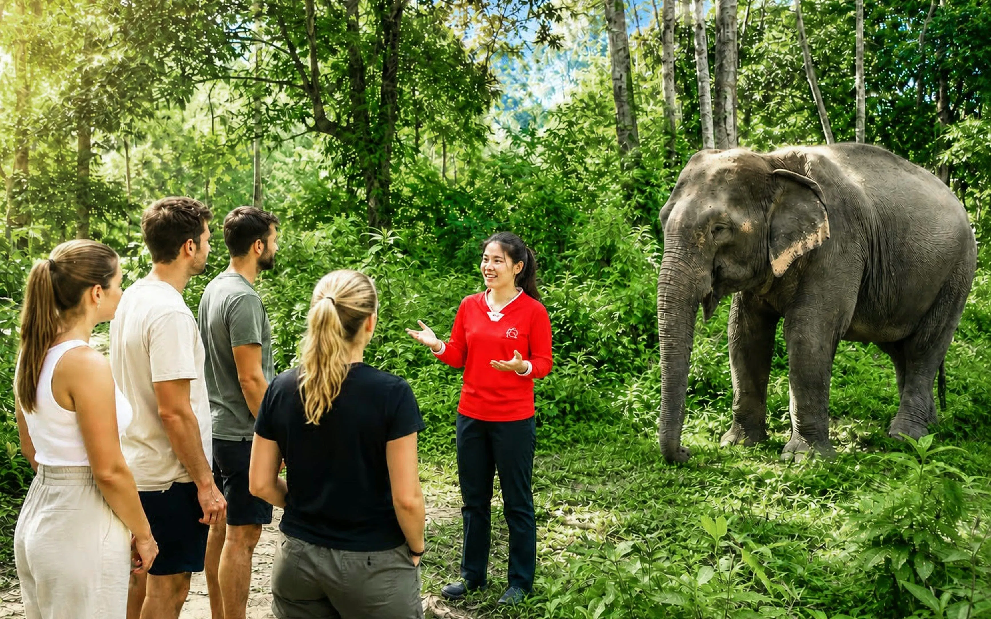 Elephant keeper discussing behavior and welfare with tourists at Hill Tribe Elephant Village.