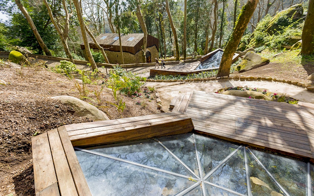 Moorish Castle necropolis with Christian tombstones in Sintra, Portugal, surrounded by trees.