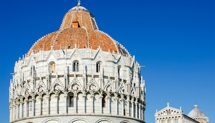 Pisa Baptistery dome interior with intricate architectural details, Pisa, Italy.