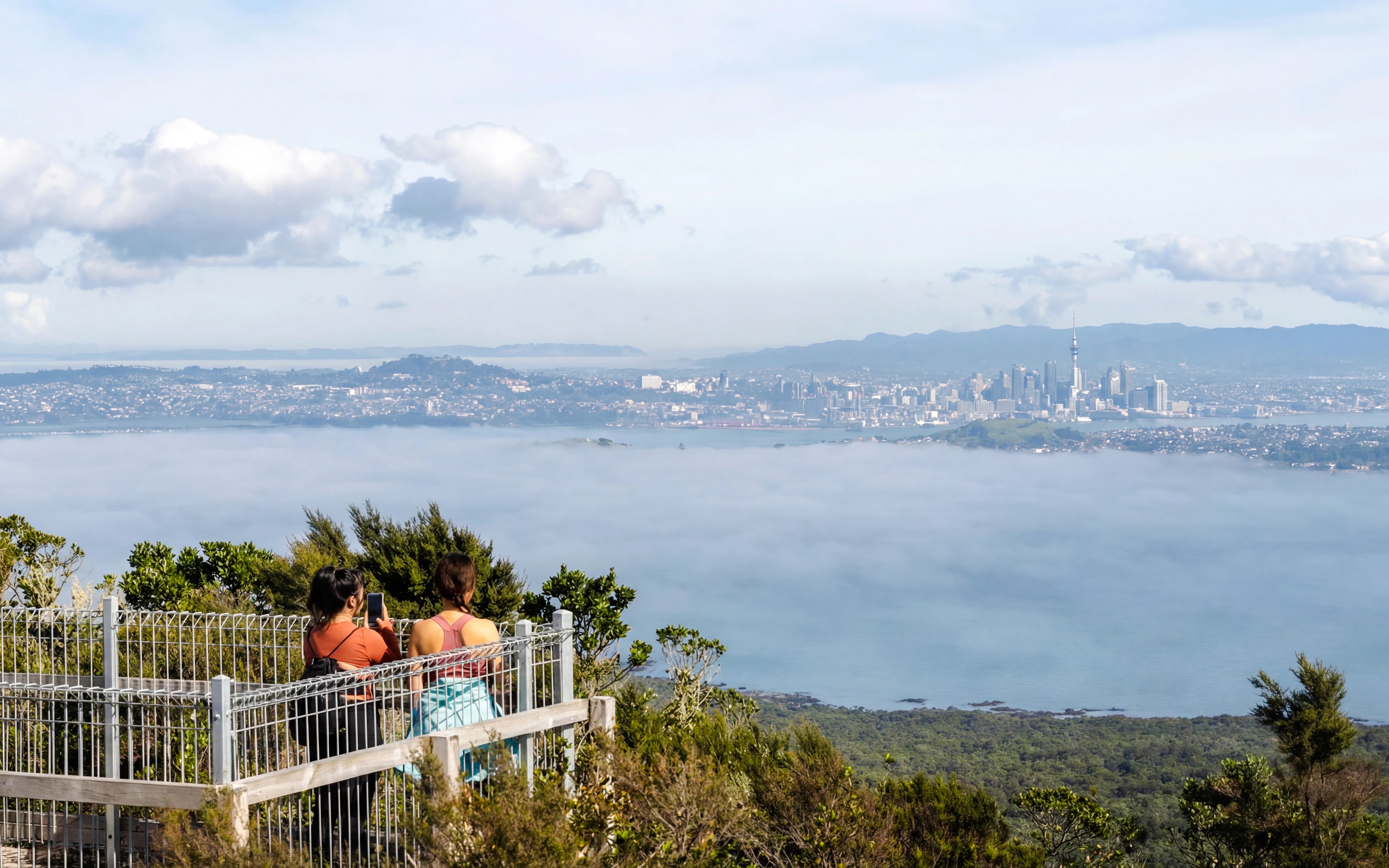 Visitors on Rangitoto Island viewing Auckland skyline across the water.