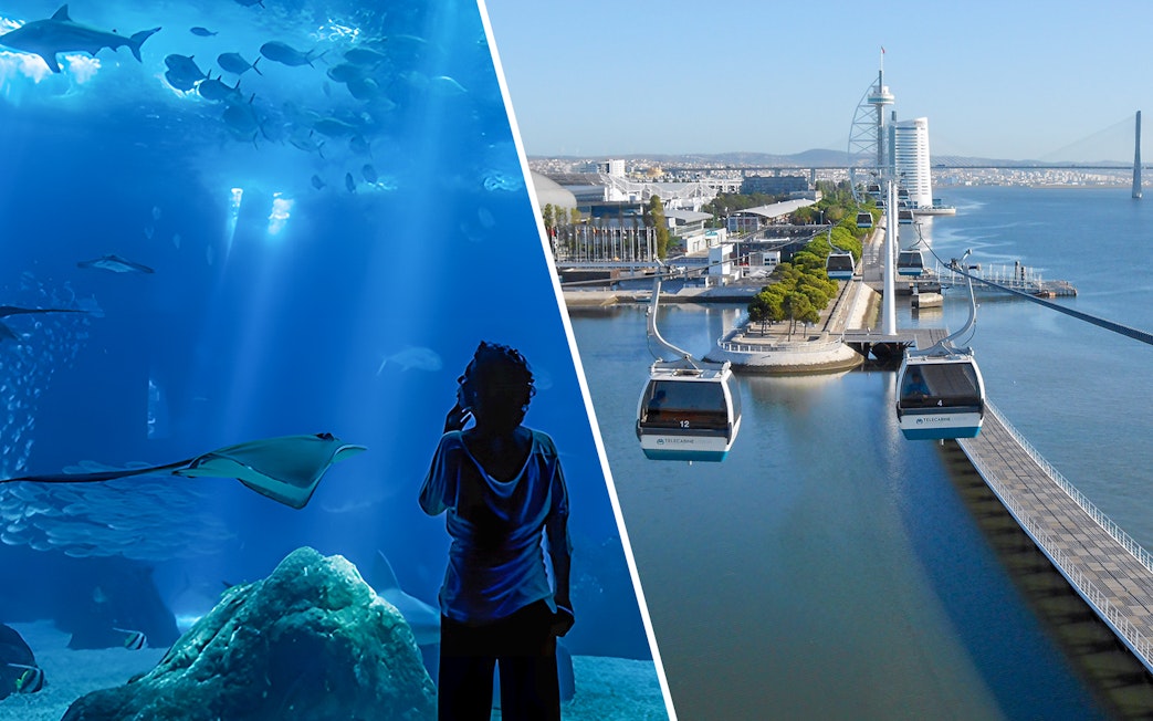 Lisbon Oceanarium marine life and Telecabine cable cars over Tagus River.
