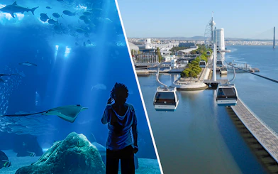 Lisbon Oceanarium marine life and Telecabine cable cars over Tagus River.