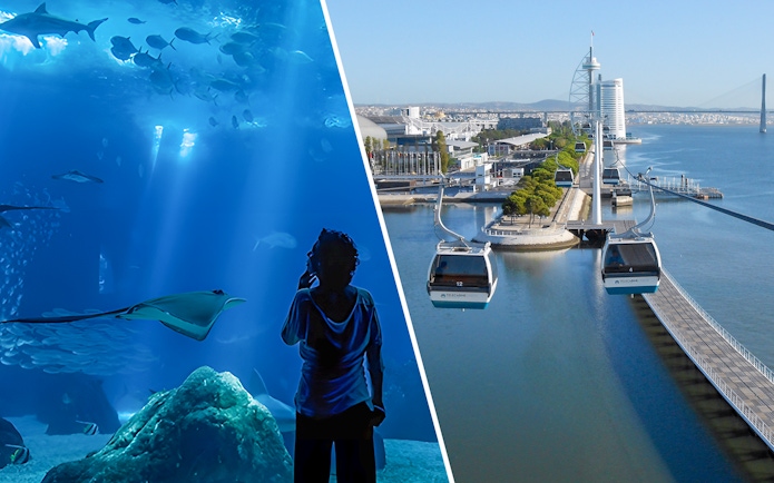 Lisbon Oceanarium marine life and Telecabine cable cars over Tagus River.